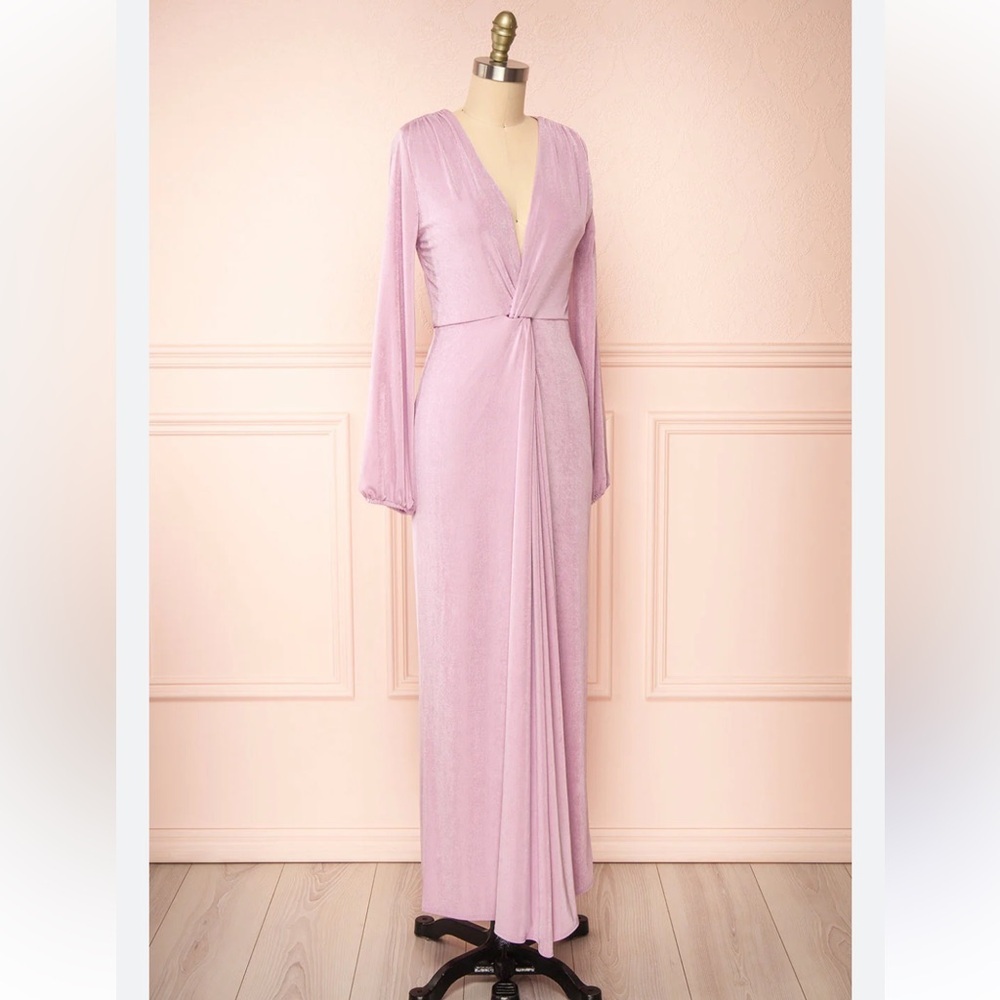 Elegant Lilac Long-Sleeve Draped Evening Dress - Picture 3 of 16